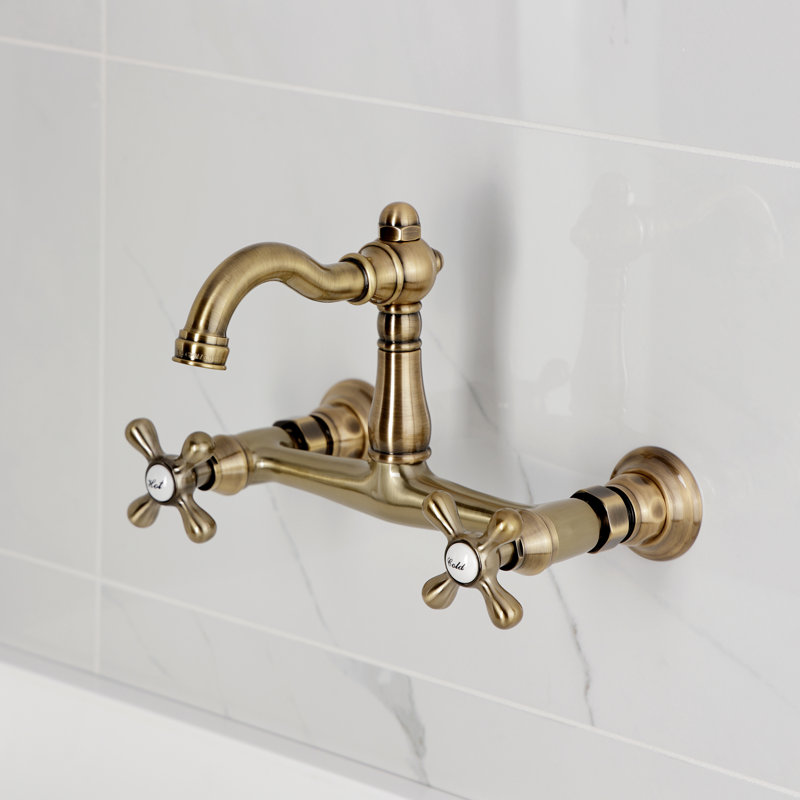 Kingston Brass Vintage Double-Handle 2-Hole Wall-Mount Bridge Kitchen Faucet, Antique Brass