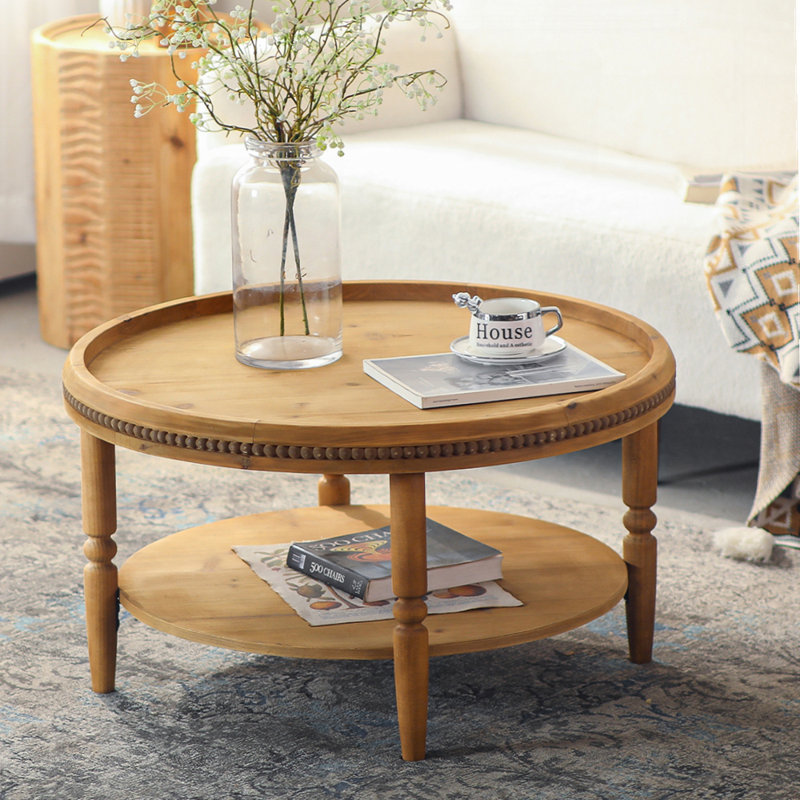 Table basse ronde avec tablette de rangement Boho