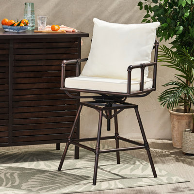 Outdoor Patio Swivel Bar Stool With Adjustable Height, Industrial Flair, Black Copper, Iron Frame, Solid Back, Arm Rest, Seat, Water- Cushion Height And Cushions - Design For Comfortable Relaxation