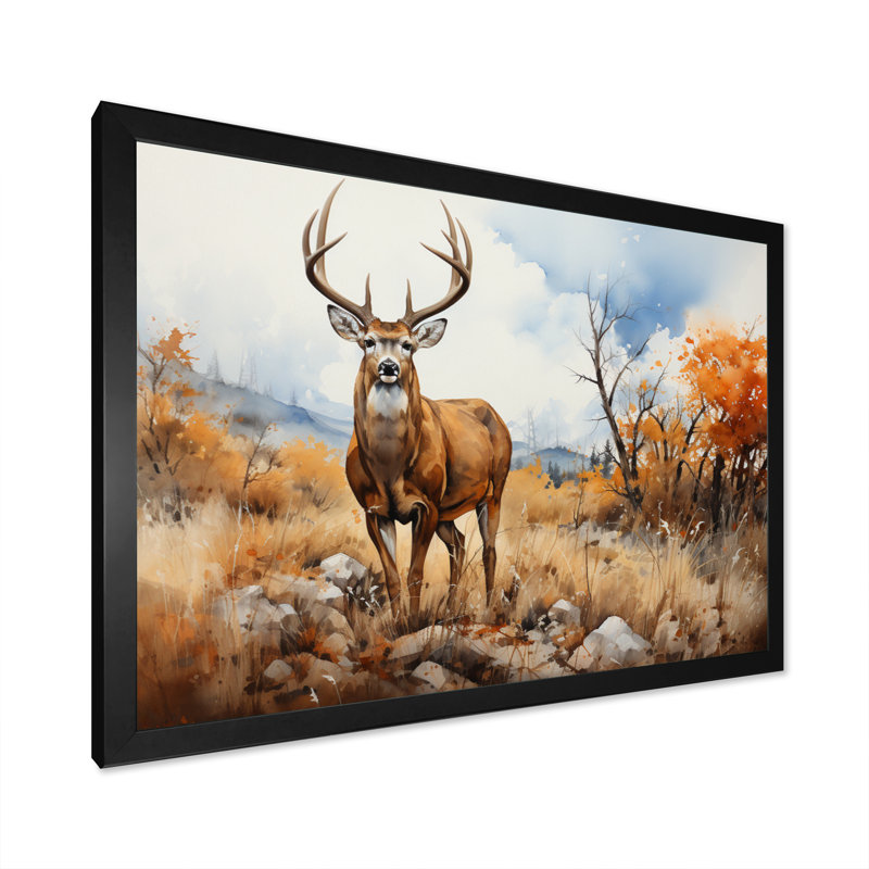 Cerf doré sérénité - reproduction sur toile, H 16 po x l 32 po x P 1 po, Cadre simple noir