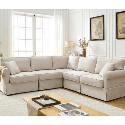 Canapé modulaire à 5 places, canapé en forme de L beige, revêtu de tissu doux et modulaire d'optimisation de l'espace, canapé-lit réversible convertible, accoudoirs roulés en lin