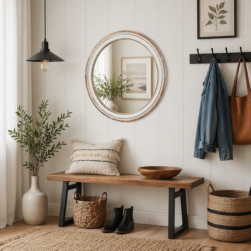 Miroir mural rond en bois pour meuble-lavabo, 31,5 po x 31,5 po