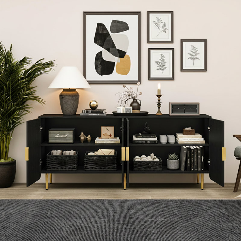 65" Fluted Sideboard Buffet Cabinet with 4 Doors and Adjustable Shelves , Black