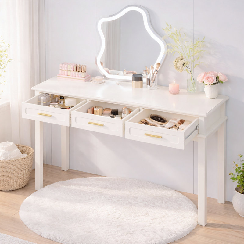 Meuble-lavabo crème blanc à 3 tiroirs, coiffeuse ou table de maquillage moderne, coiffeuse polyvalente pour la chambre à coucher, aucun miroir inclus