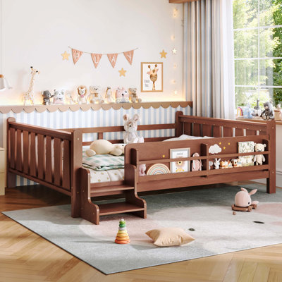 Grand lit au sol avec bibliothèques de rangement, lit pour enfants en bois massif avec de jolis escaliers et garde-corps, aucun sommier requis, naturel clair