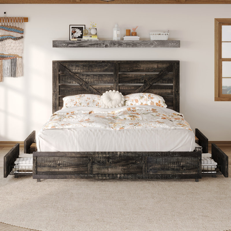  Revan Farmhouse Queen Platform Bed With Barn Door Design, Dark Oak, Queen, Dark Rustic Oak