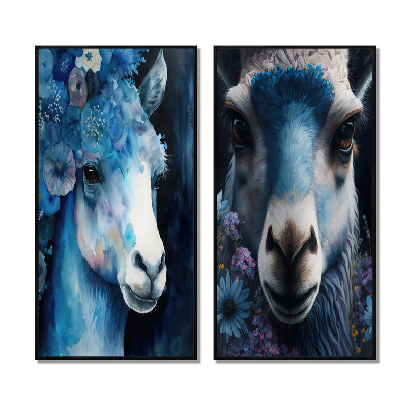 «Llama With Flowers», 2 pièces sur toile, H 32 po x l 32 po, Cadre noir