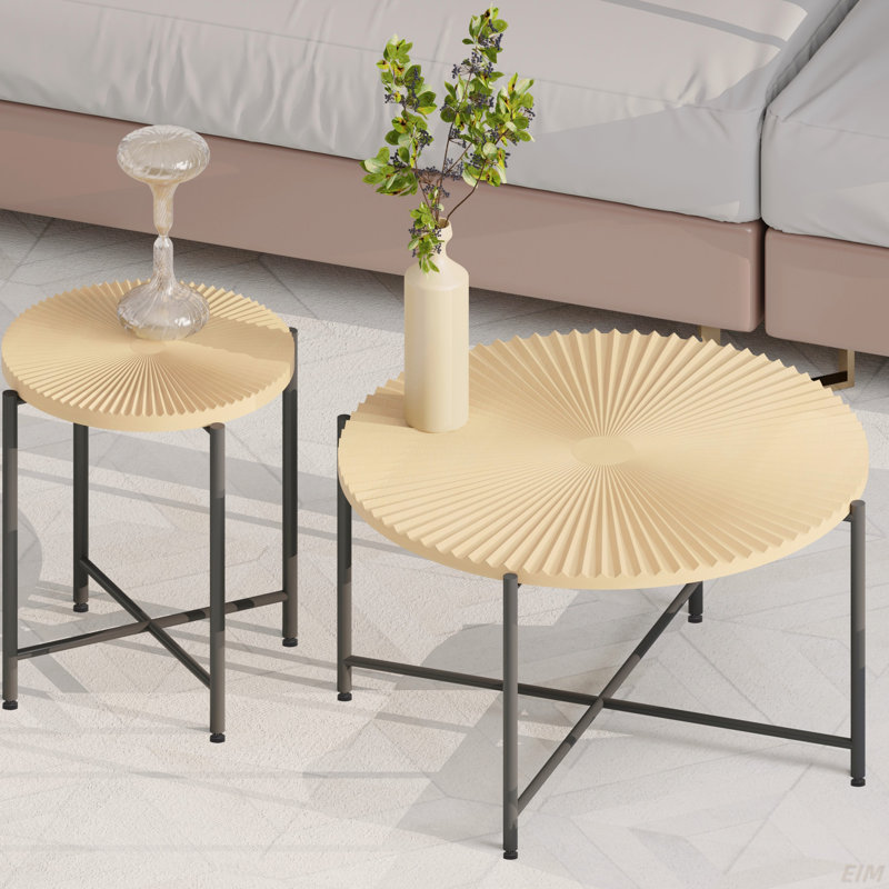 Ensemble de tables basses en bois avec base en métal, Bois naturel