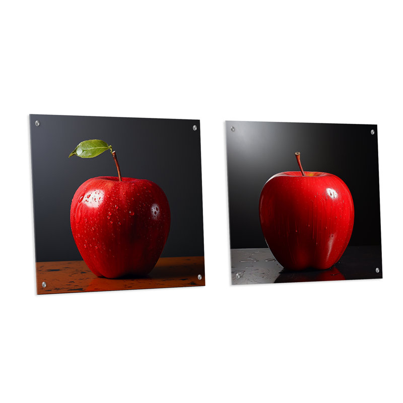 Minimalisme, pomme rouge, fruits, art mural en verre sur verre, ensemble de 2, H 16 po x l 33 po