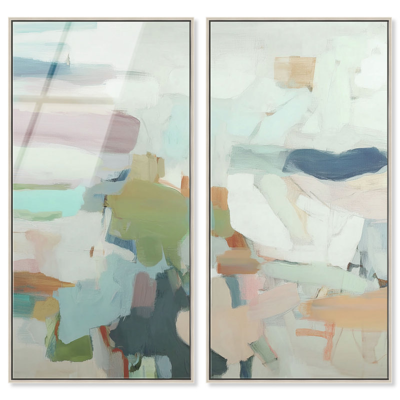 Ensemble de décoration murale Pastel Architecture I, impression acrylique encadrée, couleur sauge, par Art Remedy, cadre argenté, 22 x 44
