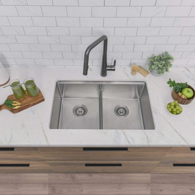 30 in. x 19.12 in. 16 Gauge, Stainless Steel, Brushed 50/50 Double Bowl Undermount or Drop-In Kitchen Sink with Built-In Accessories