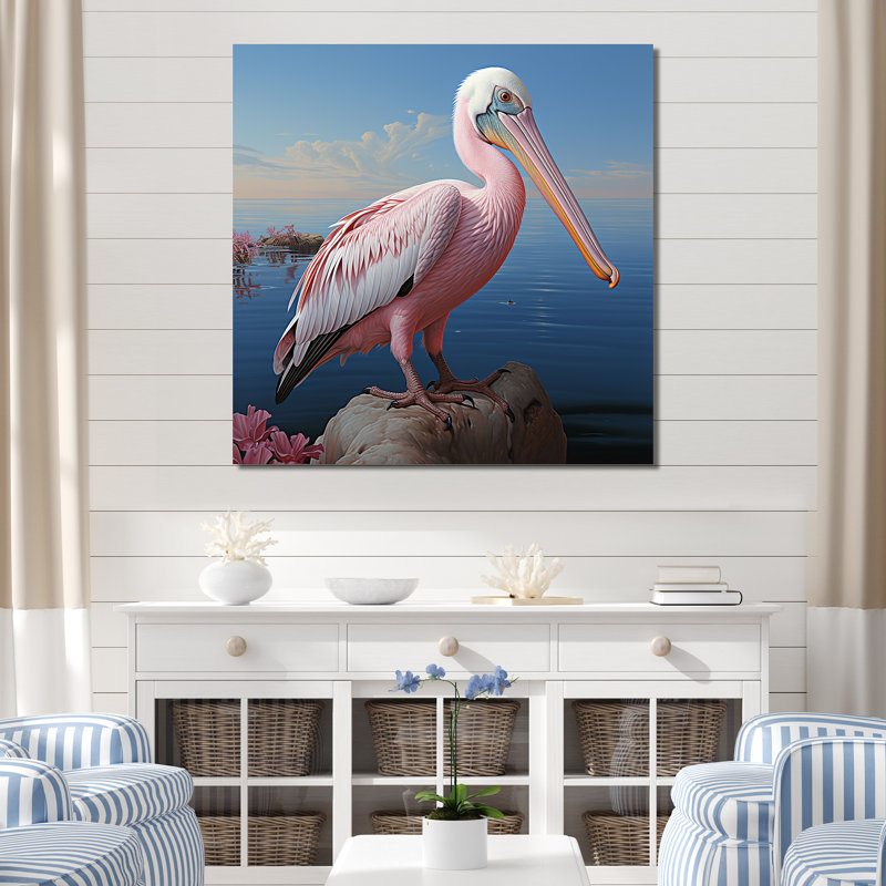 Pélican rose - art mural animaux côtiers, Toile tendue, H 16 po x l 16 po
