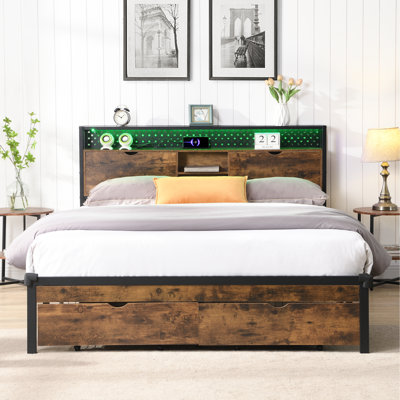 Base de lit plateforme en métal pour grand lit, tête de lit en bois et charge, 2 tiroirs de rangement généreux, lumières à DEL, pas de sommier tapissier, grand lit simple à installer avec tête / pied de lit, zone de charge,