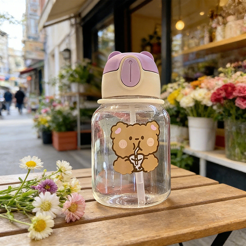 Bouteille d'eau 600 ml 2ème génération Bear Cup Bouteille d'eau mignonne avec paille BPAFree, B