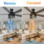 Ventilateur de plafond encastré industriel noir de 52 pouces avec kit d'éclairage et télécommande, moteur CC réversible à 6 vitesses, profil bas