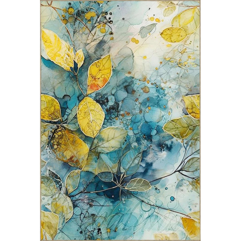 Ice Blue And Yellow Themed Floral Decorative Washable Rug, Runner 3'4" x 9'11"