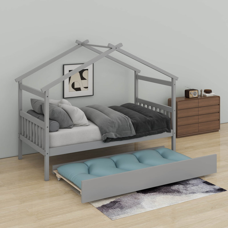 Lit simple en bois avec lit gigogne, Gris