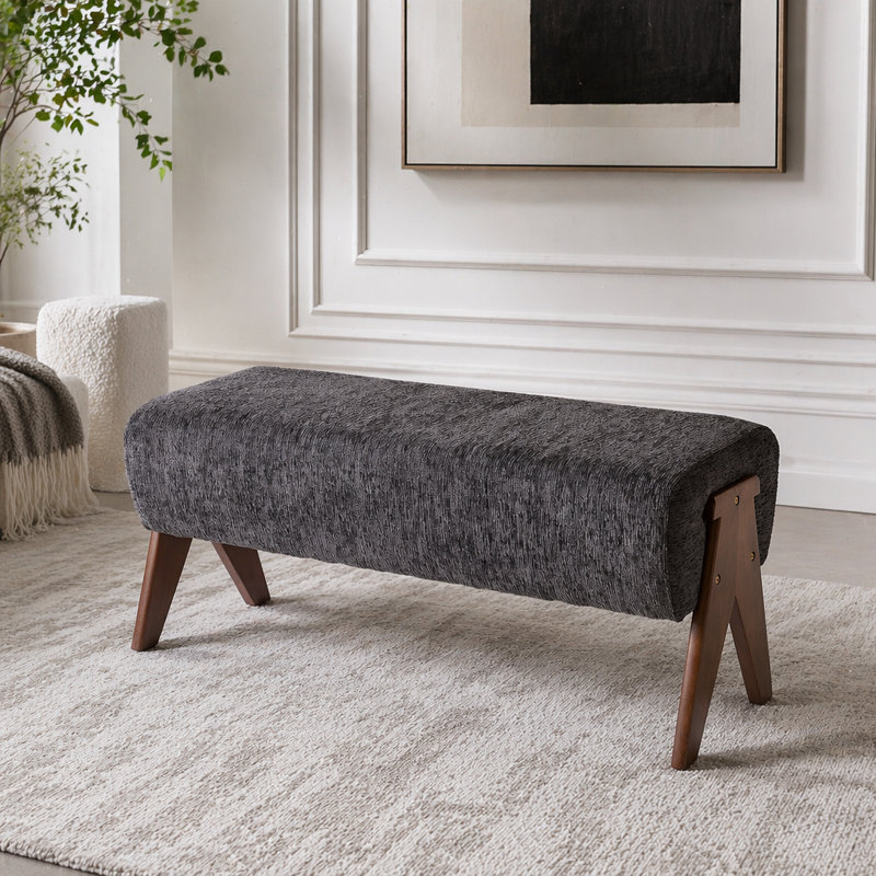 Banc rembourré moderne avec tissu en chenille doux et pieds en bois massif, Gris