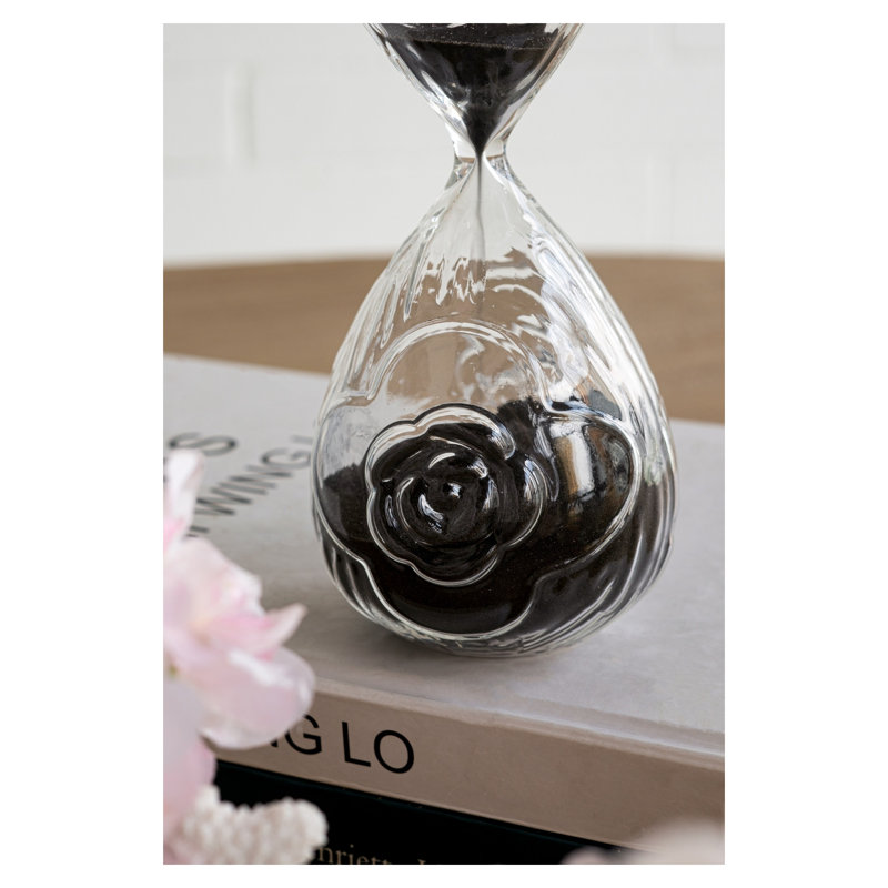 3.4 x 3.4 x 8 Inch Decorative 30-Minute Hourglass with Clear Embossed Rose Motif and Black Sand