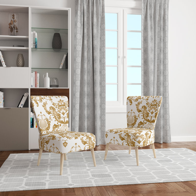 Chaise d'appoint rembourrée à motif damassé blanche et dorée