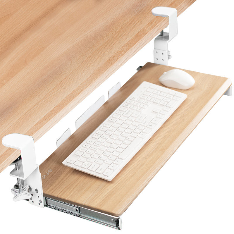 Light Wood Adjustable Under Desk Keyboard Tray with White Clamps