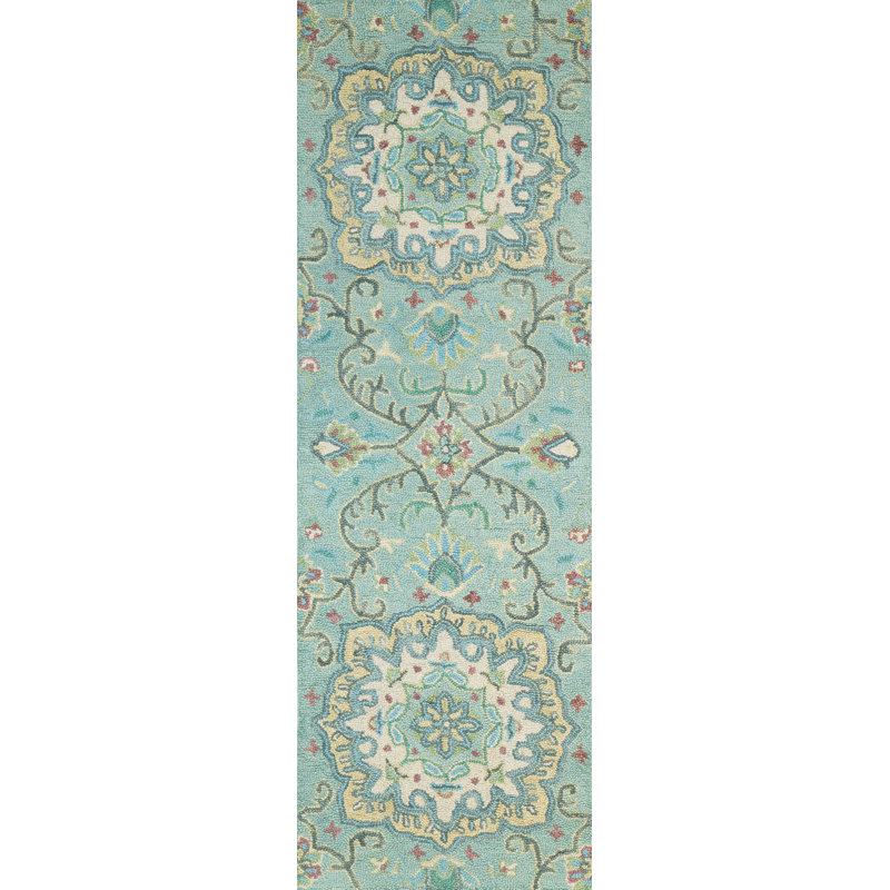 Tapis vert en laine touffeté à la main Andrieka, Tapis de couloir 2 pi 6 po x 8 pi
