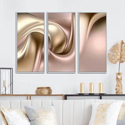Minimal liquide or et taupe vagues IV - ensemble abstrait d'art sur toile à encre liquide abstraite
