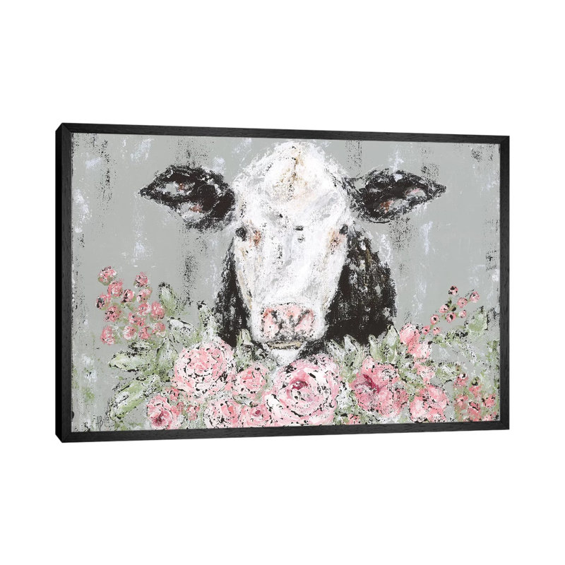 Floral Cow by Ashley Bradley - Painting on Canvas, 101.6 cm H x 66.04 cm W, Black Framed