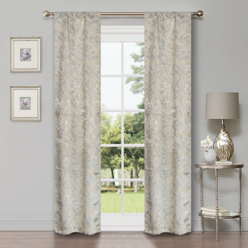  Modern Bohemian Leaves Pattern 100% Polyester Machine Washable Room Darkening Blackout Curtains, 36" W x 84" L, Ivory