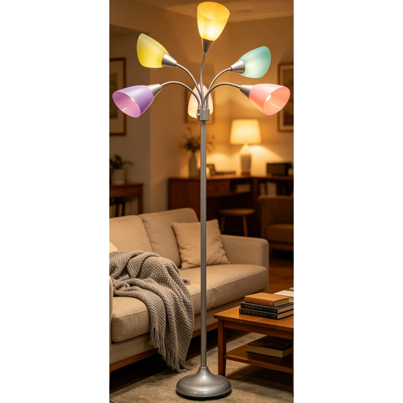 Lampe de plancher réglable à têtes multiples avec 5 abat-jours colorés, conception moderne à col de cygne pour le salon, la chambre à coucher, le bureau et la salle de jeux