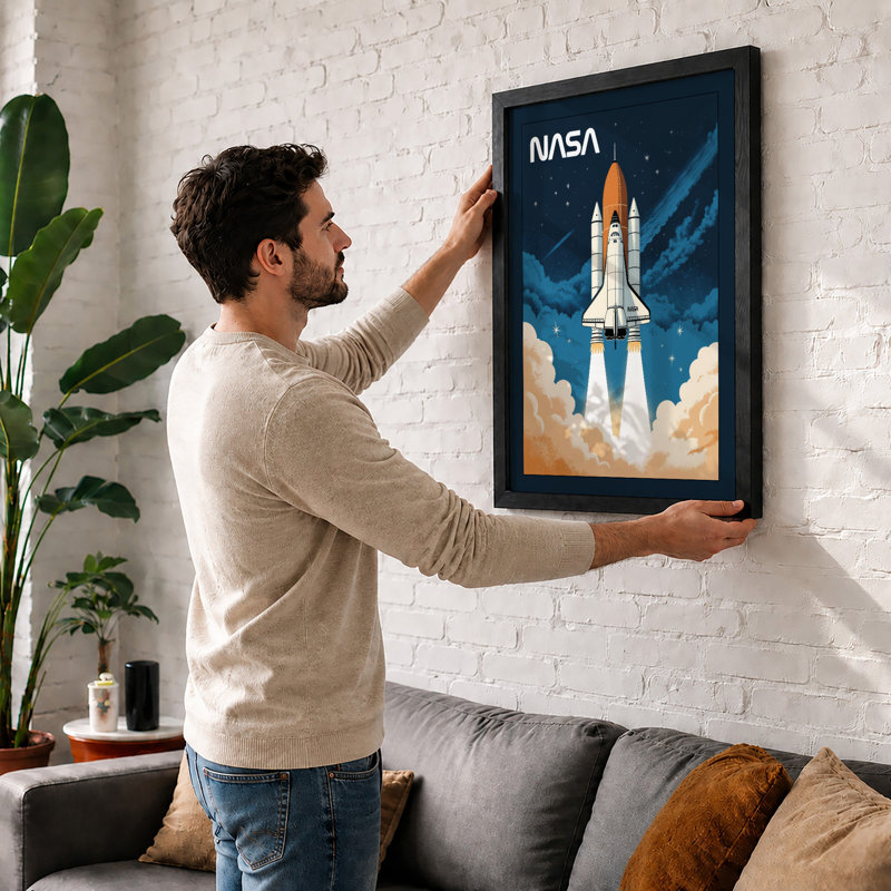 Space Shuttle Launch Retro - Framed Print, A2 - 59.4 x 42.0 cm, Oak