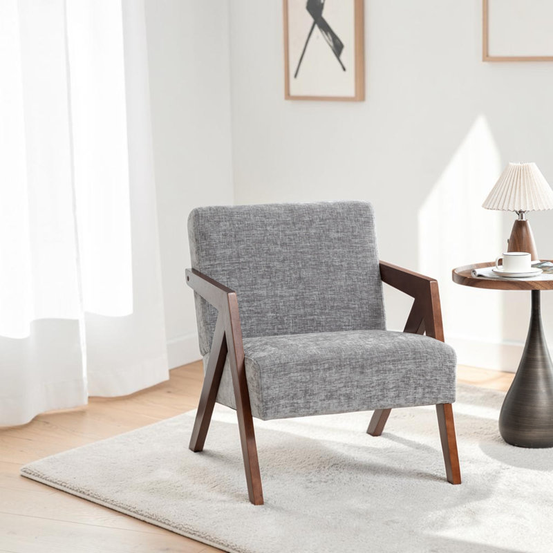 Chaise d'appoint Mid-Century moderne avec structure en bois et fauteuil de lecture rembourré, Light Grey, 1