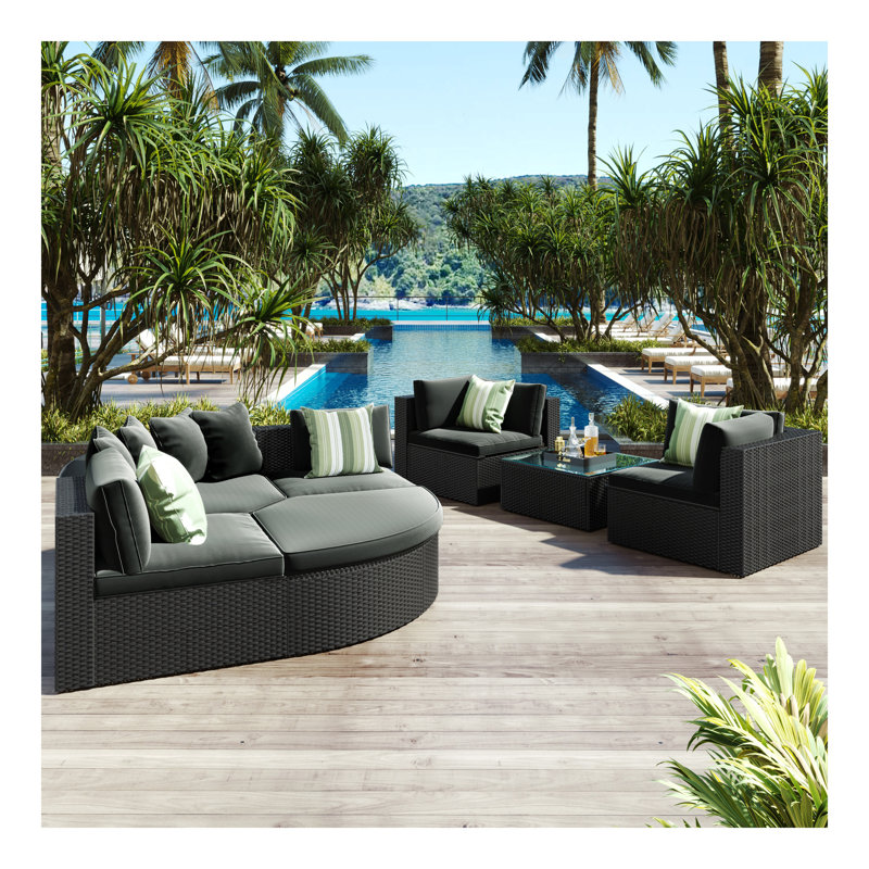 Ensemble de canapé d'extérieur en osier 7 pièces GO, canapé en rotin, avec coussins rayés verts, canapé conversation, pour patio, jardin, terrasse, osier noir, coussin gris