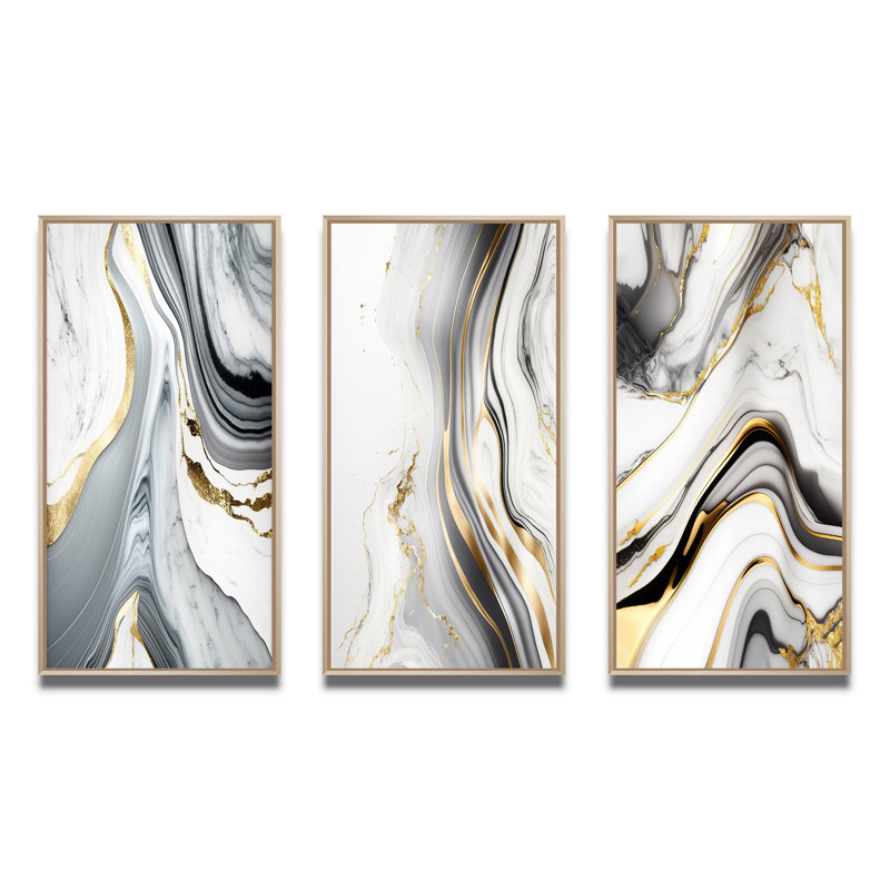 «Abstract Geode Marble Waves Grey», 3 pièces sur toile, H 20 po x l 36 po, Naturel