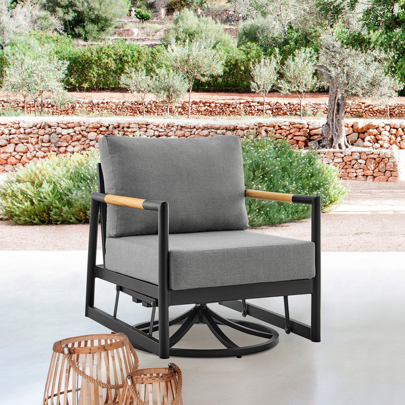 Fauteuil oscillant d'extérieur noir en aluminium et en bois noir avec coussins gris, pivotant à 360 degrés, glissant pour un confort optimal, résistant aux intempéries, à la rouille, sans assemblage, cadre facile à nettoyer entièrement assemblé,