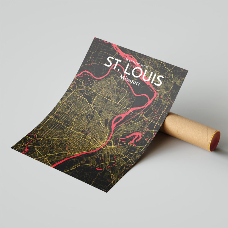 St. Louis City Map, impression, Noir / rouge / jaune, H 24 po x l 18 po