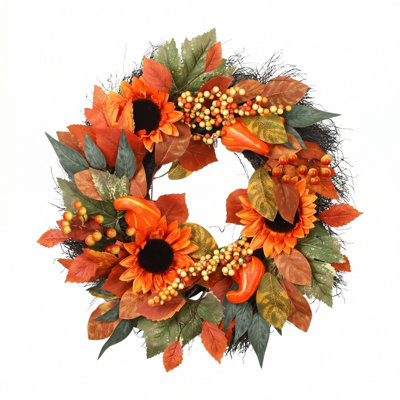 Couronne d'automne 18 po pour porte d'entrée avec tournesols, citrouilles, pommes de pin et baies