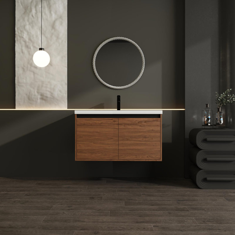 Bathroom vanity with a resin sink and a two-door cabinet, 35"