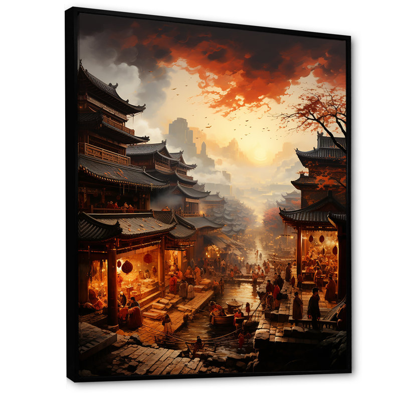 Chine, ancienne dynastie, paysage 4 - Art mural Chine, Cadre flottant noir, H 20 po x l 12 po x P 1 po