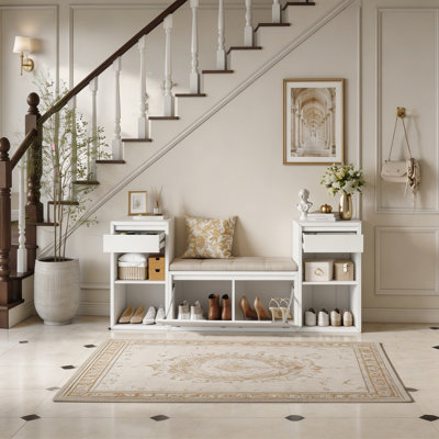 All-in-One Entryway Storage Bench with Cushion, Compartments, Drawers & Open Shelves, Storage Bench