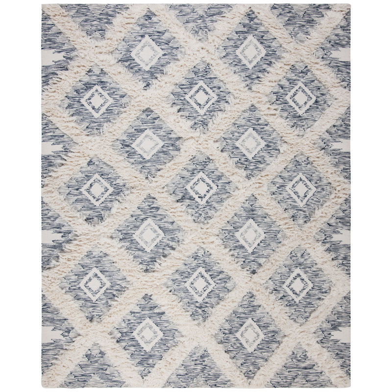 Tapis géométrique en laine / coton tissé à la main Inelda - bleu / ivoire, Rectangle 8 pi x 10 pi