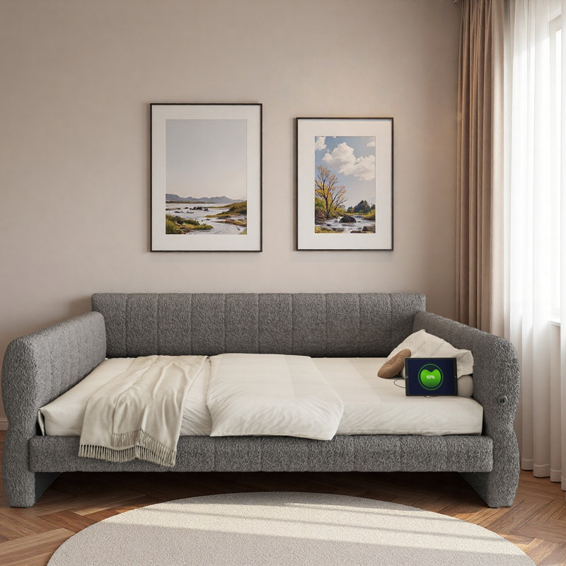 Upholstered Daybed With Usb And Slats Support, Gray