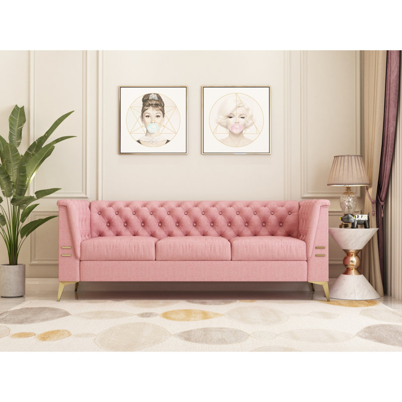 Canapé Chesterfield Tharyn, Velours rose