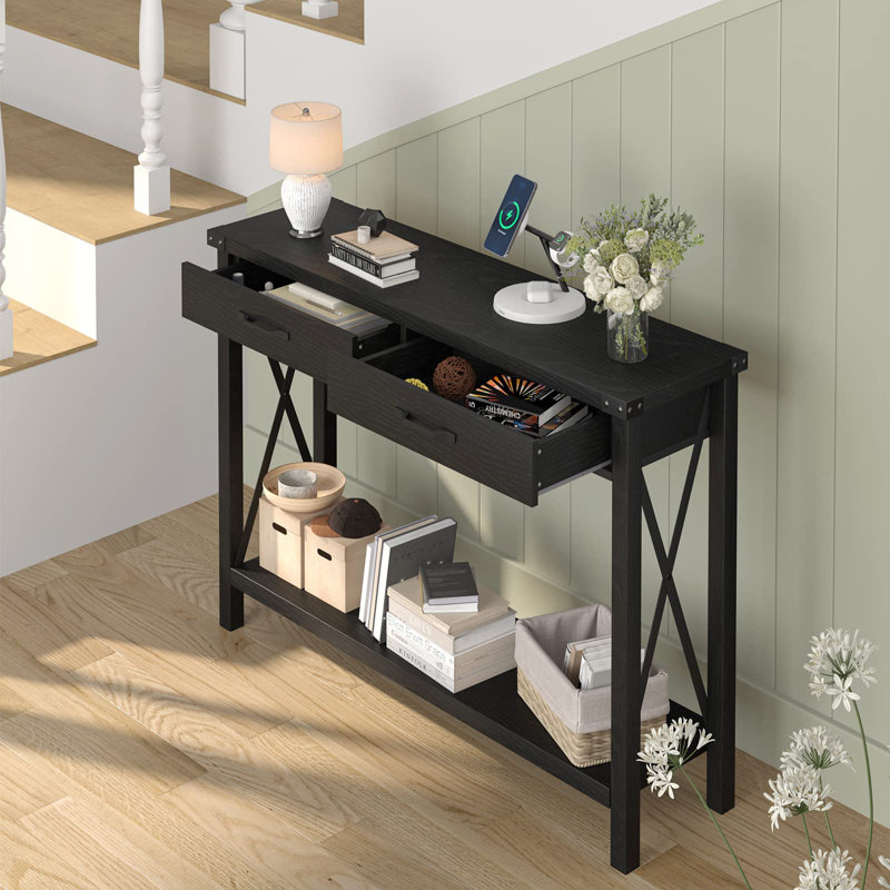 Console Table With 2 Drawers, Farmhouse Sofa Table With Storage Shelf, Accent Wood Entryway Table, Black