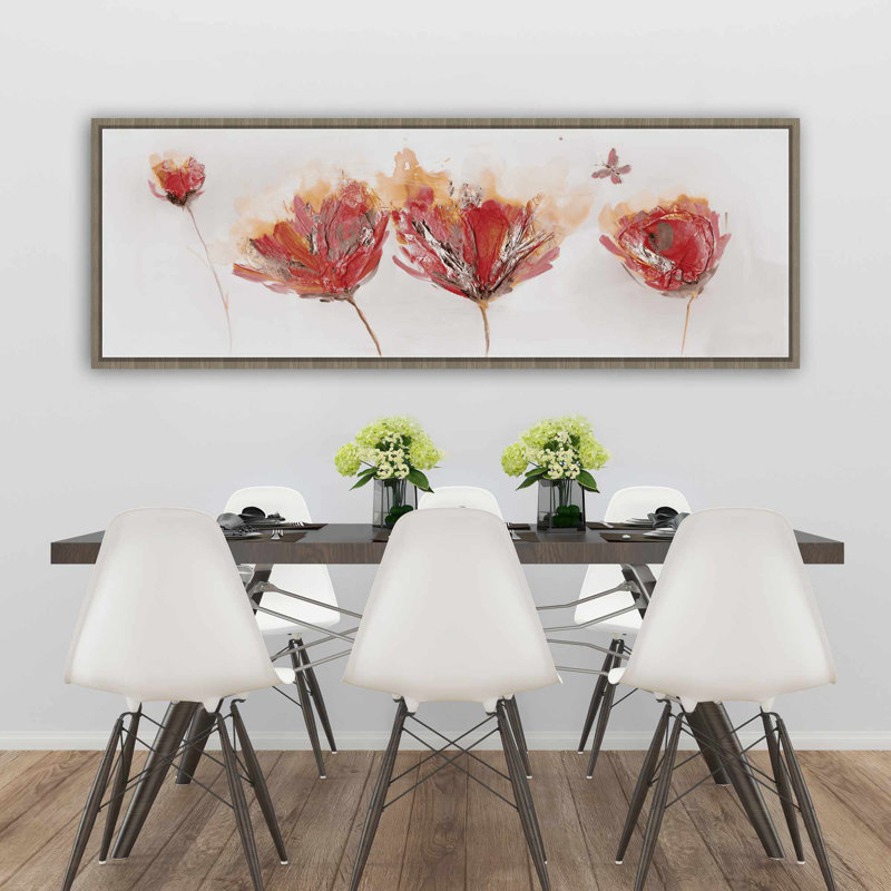«Crimson Flowers and Butterfly», art sur toile botanique beige, Brun