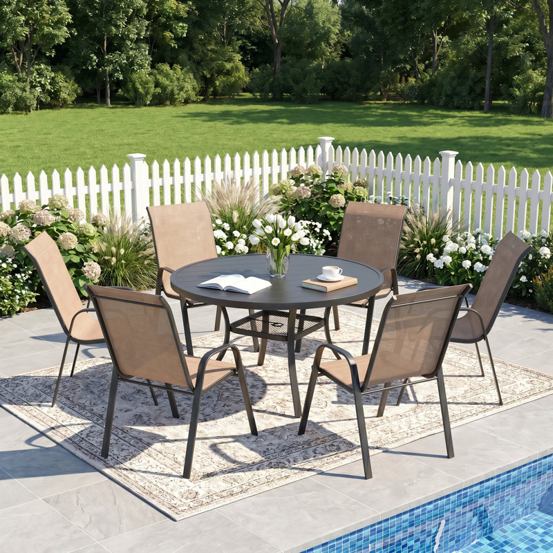 6-Person Outdoor Round Patio Dining Set With Stackable Chairs, Brown/Black