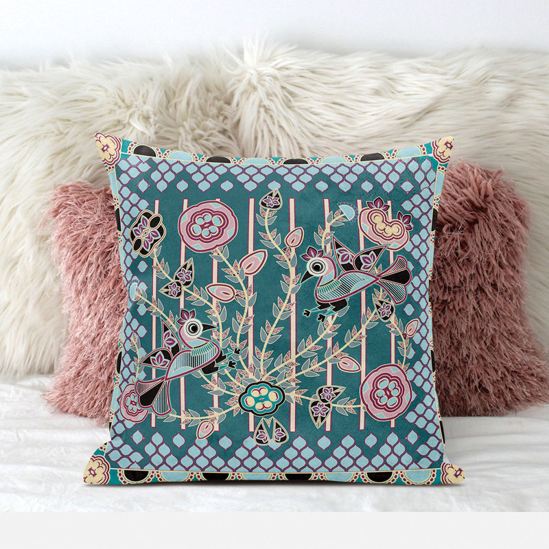 Floral Outdoor Reversible Throw Pillow, 18" x 18", Dark Green/Aqua/Pink