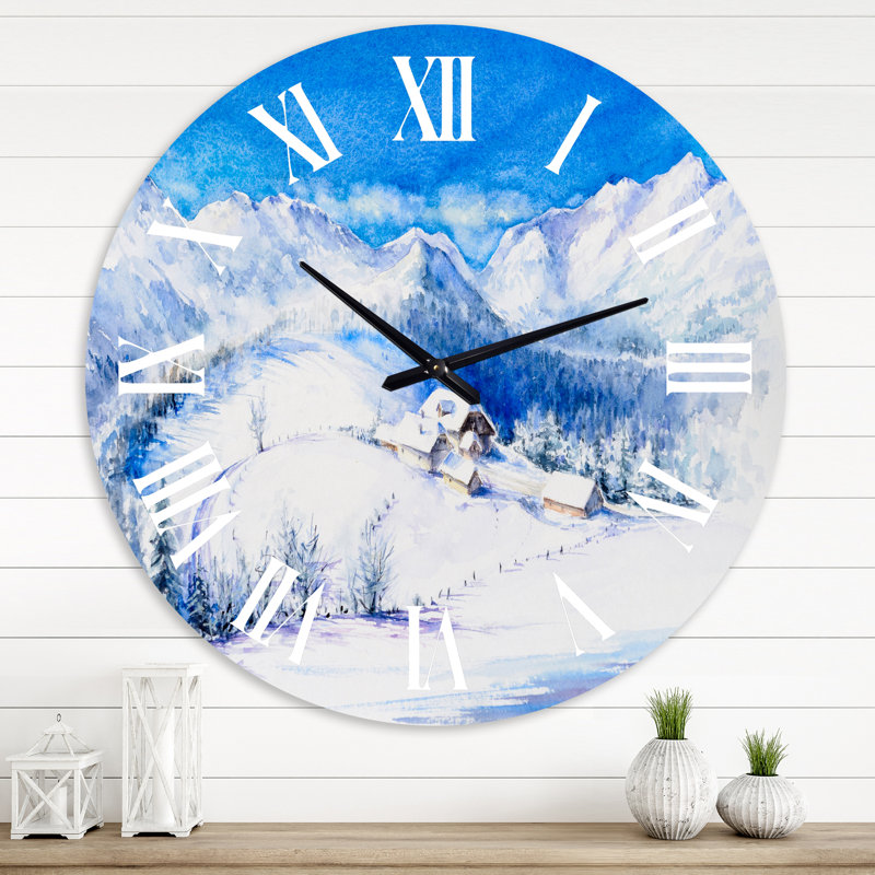 Paysage de montagne d'hiver avec maison en bois - Horloge murale traditionnelle, Très petit