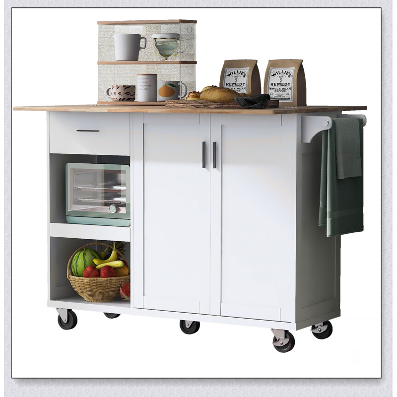 Versatile Kitchen Island with Foldable Counter, Storage, and Wheels for Enhanced Space and Functionality, White