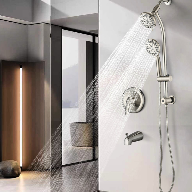 Wall Mounted Shower - Stainless Steel Slide Bar, 7 Function Rainfall, Diverter Valve Mount System Steel, 2 Heads, 1.8 Gpm Flow Rate, Easy To Operate